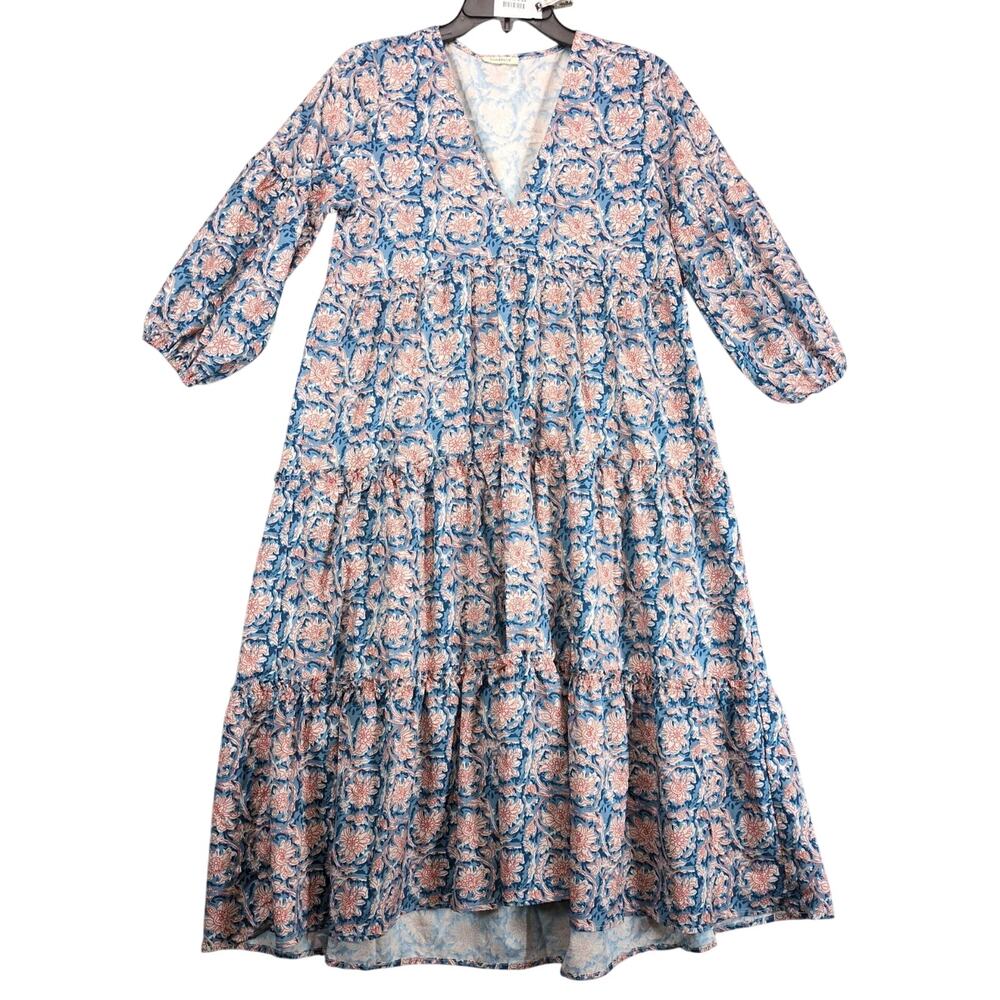 SundayUp Floral Tiered Midi Dress Sz S Puff Sleeves‎ Blue/Orange V-Neck Cottage